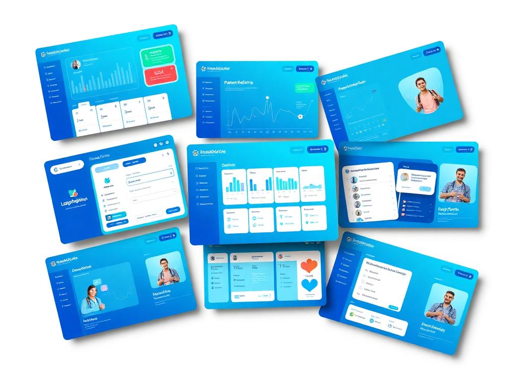 Medical app interface with a healthcare dashboard, patient cards and statistics
